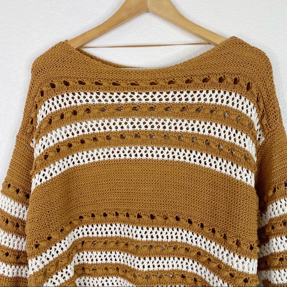 Lou & Grey for LOFT Mustard Yellow & White Open Knit Fringe Sweater - Picture 3 of 8